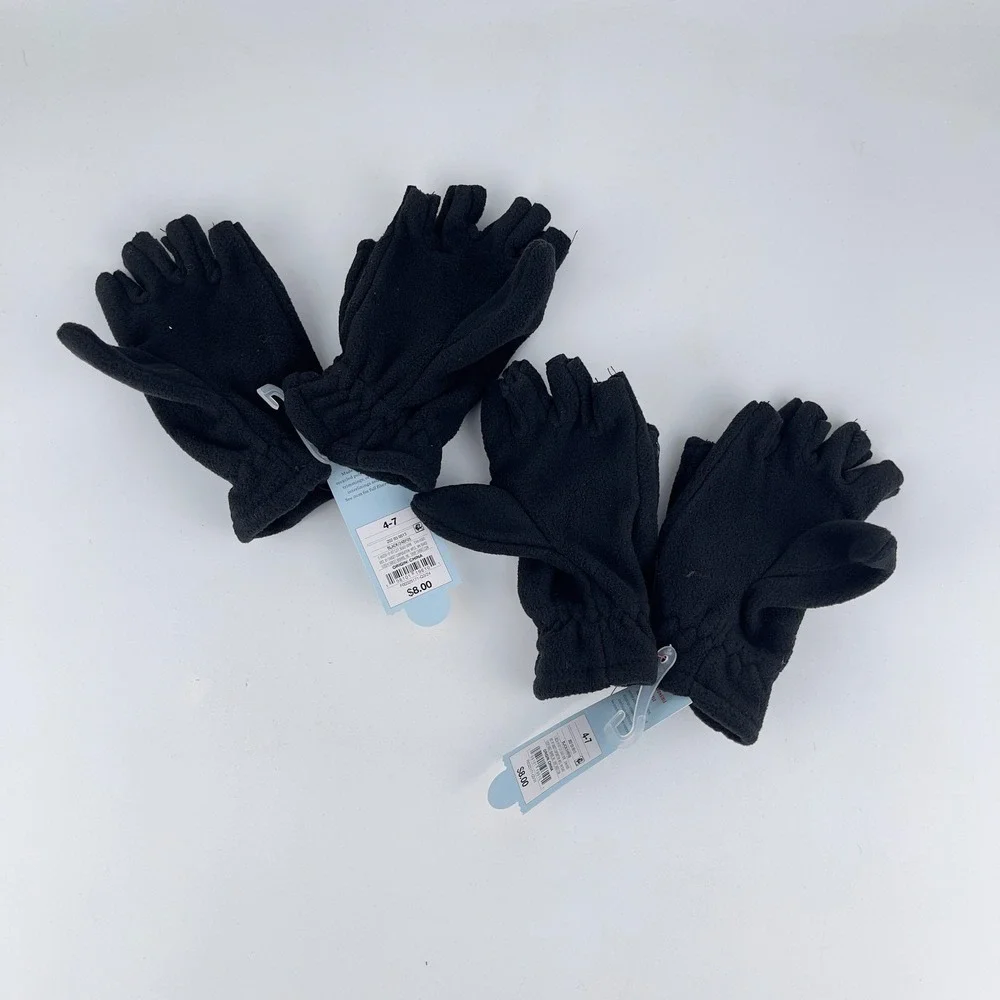 Pair of 2 Cat & Jack Flip Mitten‎ Glove Kids Size 4-7 Black Fleece Fingerless